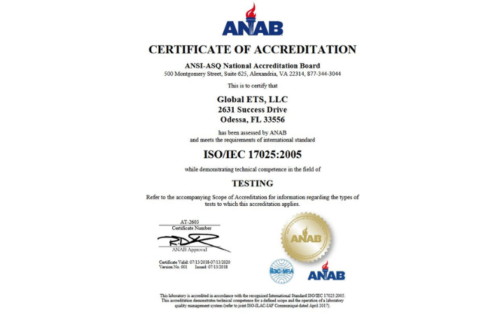 A certificate of accreditation awarded to Global ETS, LLC by ANAB for meeting the requirements of ISO/IEC 17025:2005 and demonstrating technical competence in testing. The certificate includes the ANAB logo and a red stamp of approval.