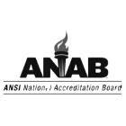 Black and white logo for ANAB, ANSI National Accreditation Board, with a flame above the letter 'B.'