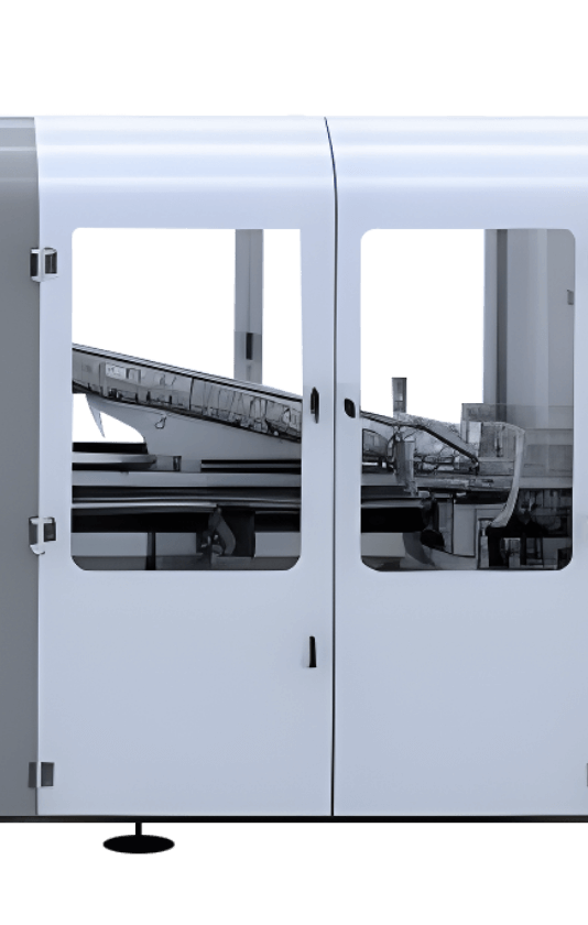 A side view of a white component testing machine with doors with windows revealing the inner components.