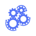 Blue icon of connected gears turning.