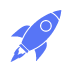 Blue icon of a rocket ship emitting flames.