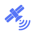 Blue icon of a satellite emitting waves.