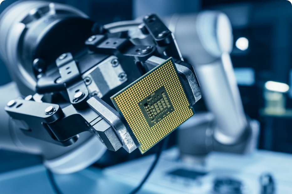 A robotic artificial intelligence powered arm holding a microchip in a semiconductor laboratory setting with blurred background.