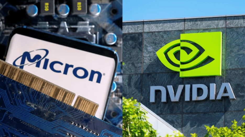 Split image with a close-up of a Micron branded computer chip on the left and a NVIDIA company logo on a building on the right.