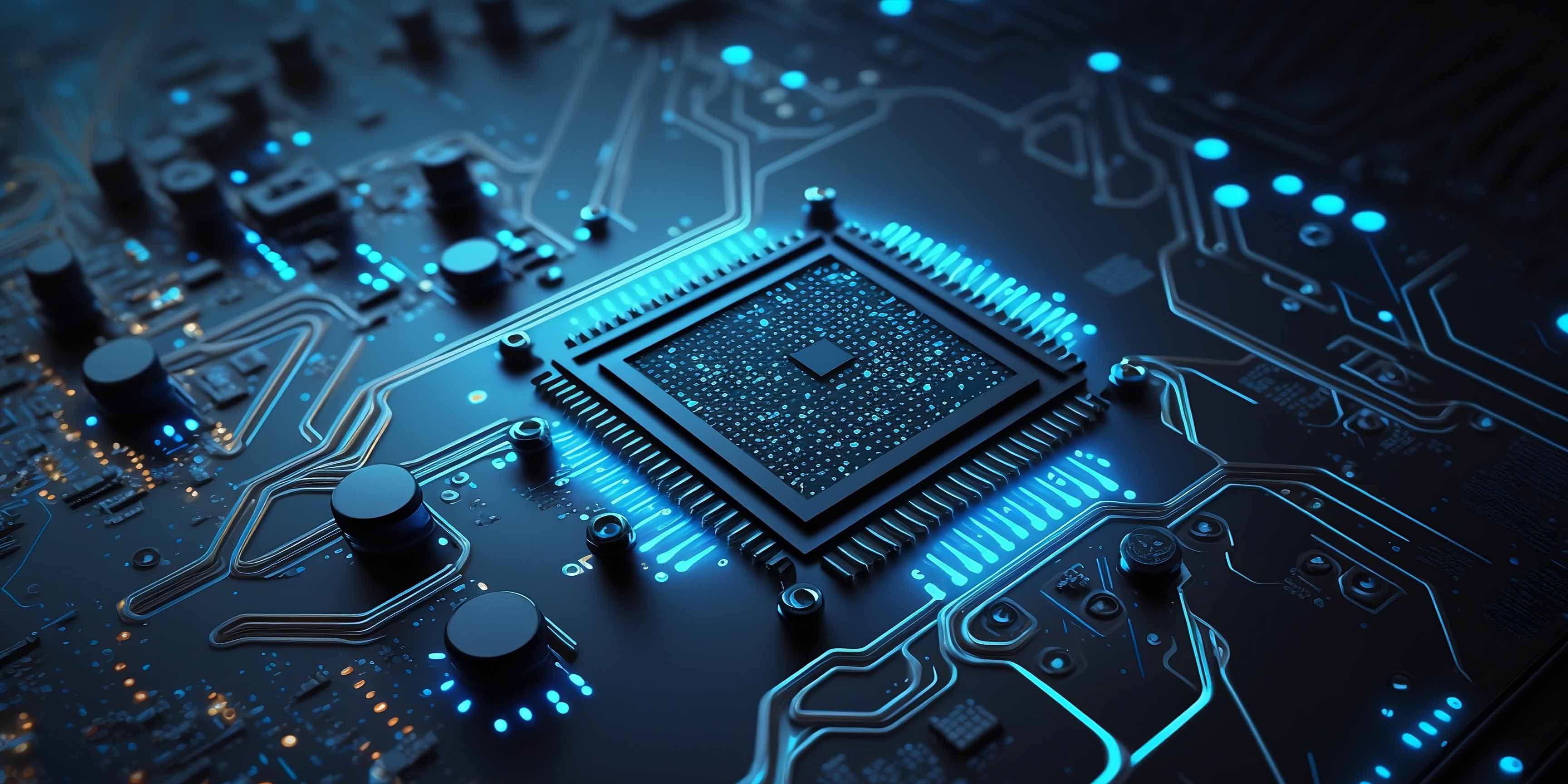 Close-up image of a computer processor chip on a circuit board with blue glowing lights and connections.