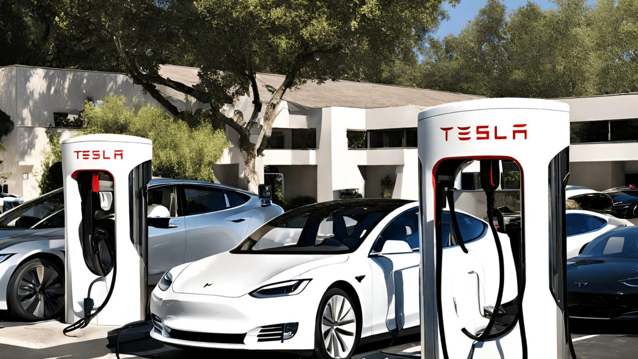 A row of Tesla electric vehicles parked and charging at Tesla Supercharger stations in a parking lot with trees and a building in the background. 