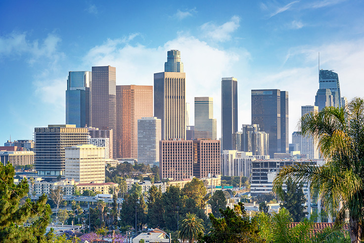 Los Angeles skyline with tall buildings and palm trees in the foreground.