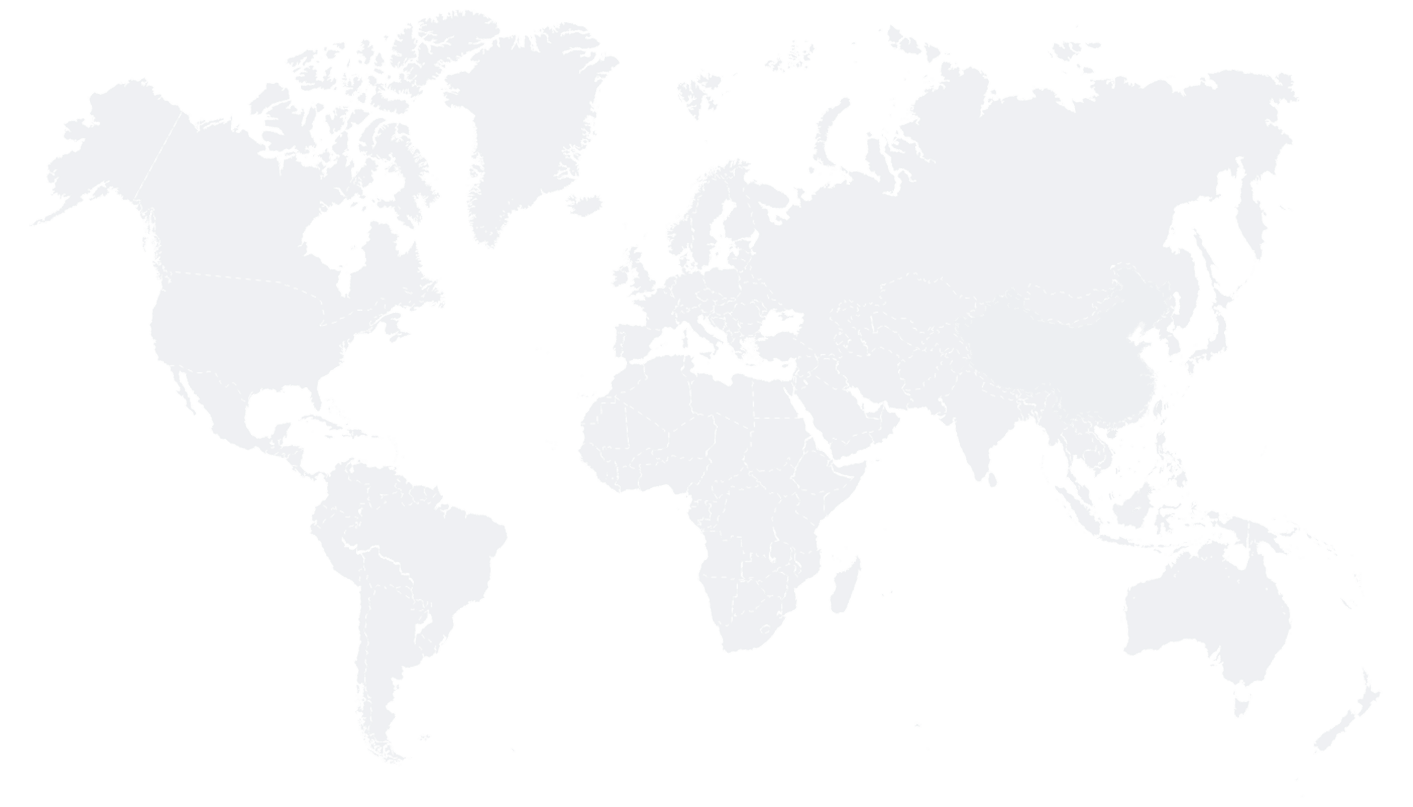 Gray and white world map showing all continents with country borders emphasized.