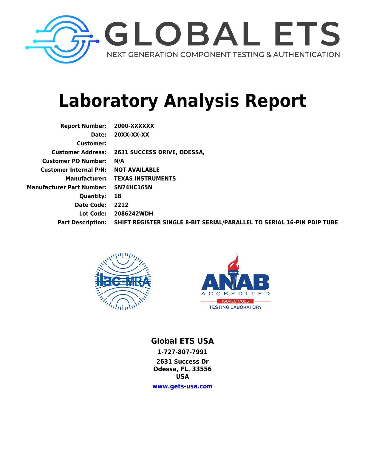 Document titled 'Laboratory Analysis Report' by Global ETS, a component testing and authentication company. Includes report number, date, customer information, manufacturer details, and part description. Logos of ilac-MRA and ANAB are also present. Contact information for Global ETS USA is listed at the bottom.