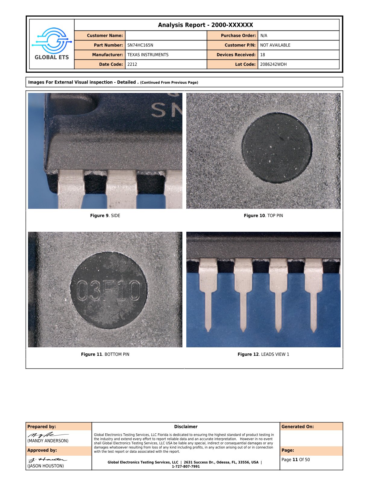 Part of a Global ETS Analysis Report for external visual inspection of a Texas Instruments electronic component are detailed, showing side view, top pin, bottom pin, and leads view.