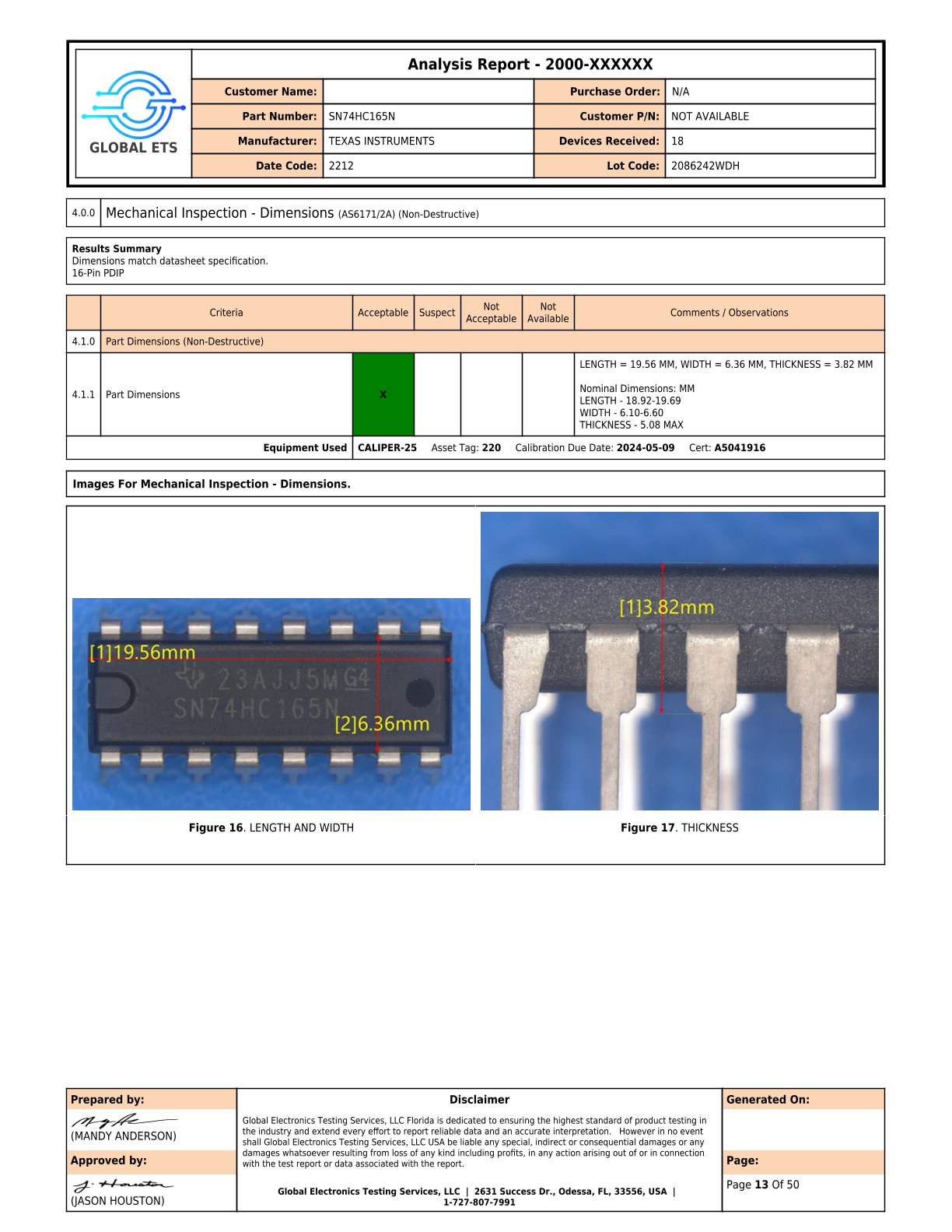 Analysis report document from Global Electronics Testing Services, showcasing mechanical inspection results for a part manufactured by Texas Instruments. The report includes a table with criteria for part dimensions, images with measurements of length, width, and thickness, and signatures for preparation and approval.