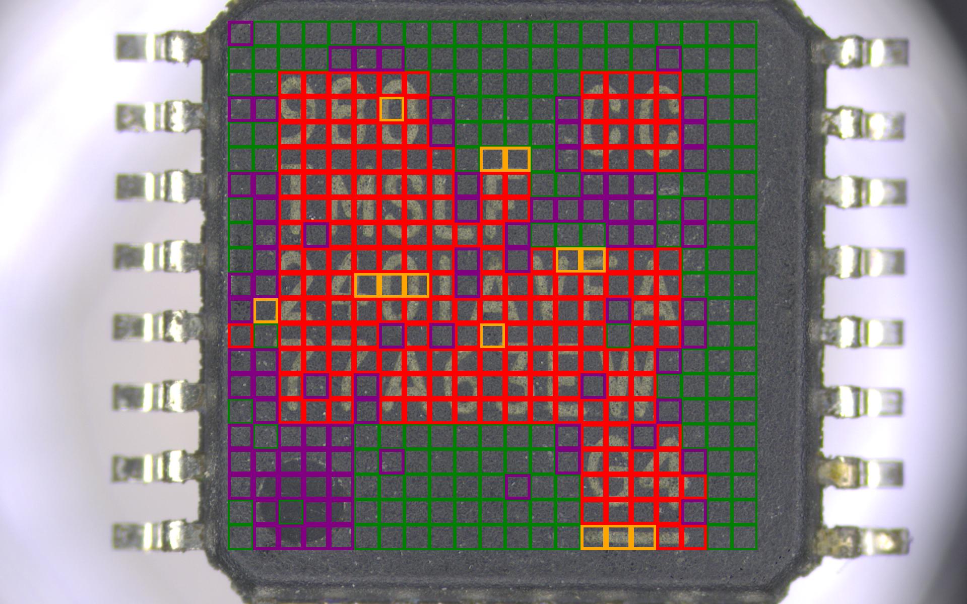 Close-up image of a computer chip with a grid of red, green, yellow, and purple squares on top of the chip.