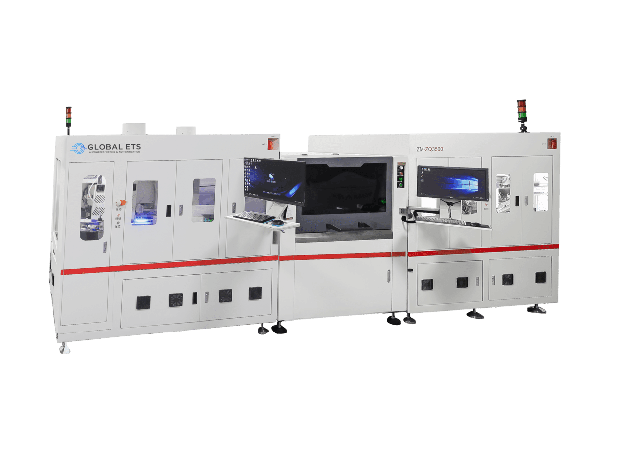 Close-up of Global ETS’ automated semiconductor re-tinning machine, surrounded by various equipment and cables. 