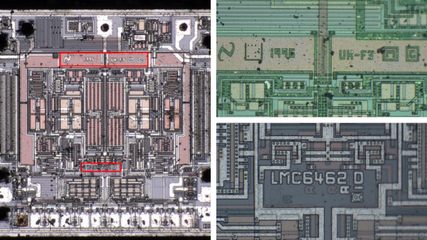 Close-up images of three different microchip die photos, showing intricate circuit designs and labeling on the components.