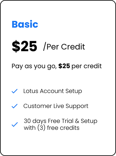 An image showing a basic pricing plan of $25 per credit which includes Lotus Account Setup, Customer Live Support, and a 30 days Free Trial & Setup with 3 free credits.