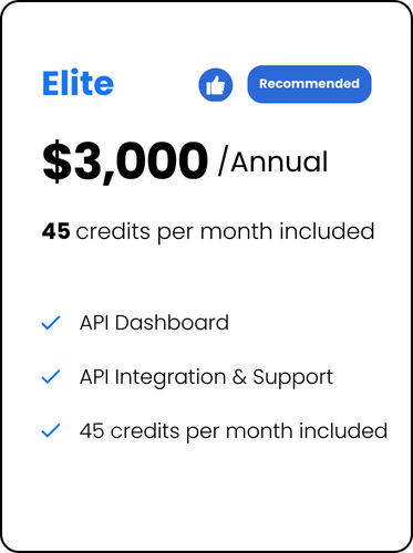 Elite pricing plan recommended at $3,000 per year with 45 credits per month included. Features include API dashboard, API integration and support, and 45 credits per month included. 