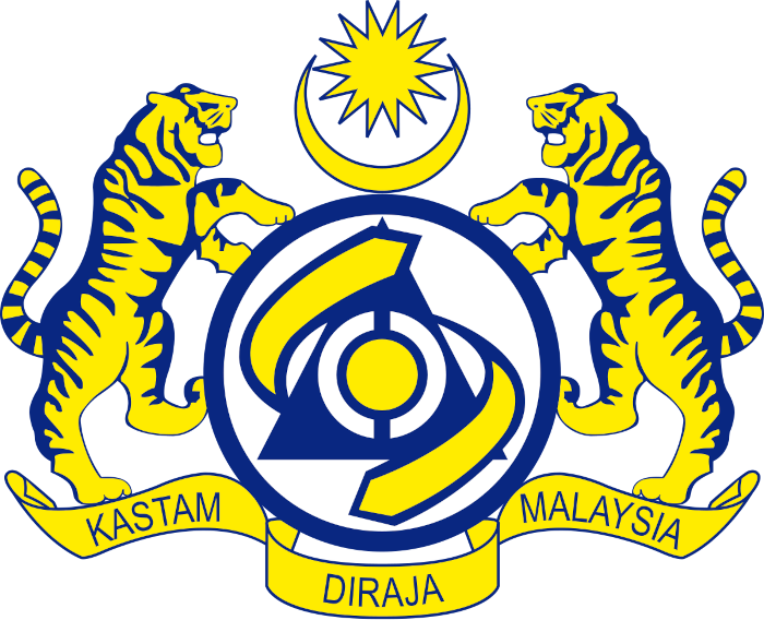 The logo of the Royal Malaysian Customs Department with two tigers facing each other, a circular emblem in the center, and a sun with a crescent above it, all in yellow and blue colors with the words 'KASTAM DIRAJA MALAYSIA' below.